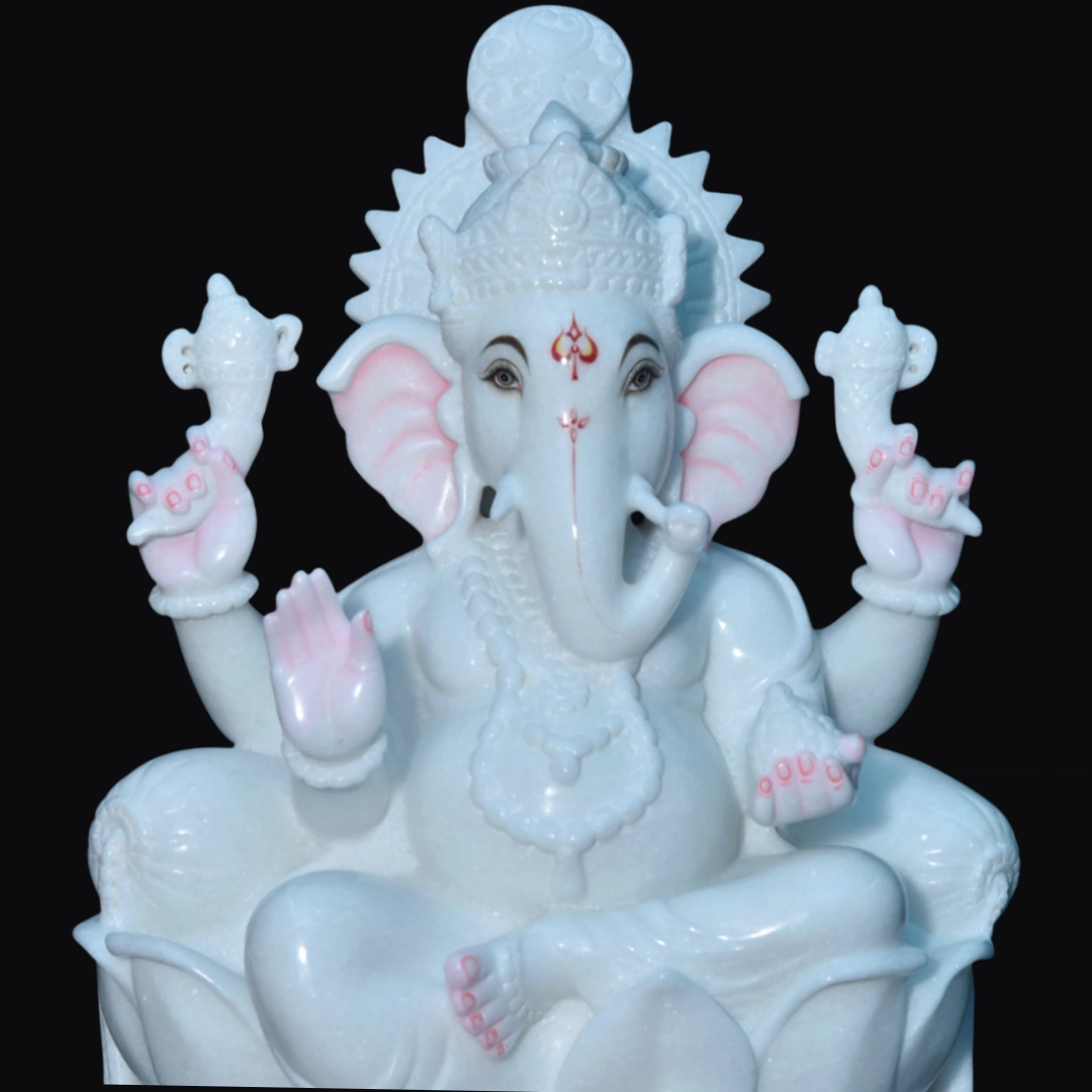 White Marble Ganesha Murti – Shilpagya Jaipur white marble ganesha murti seated on lotus with minimal detailing carved in jaipur