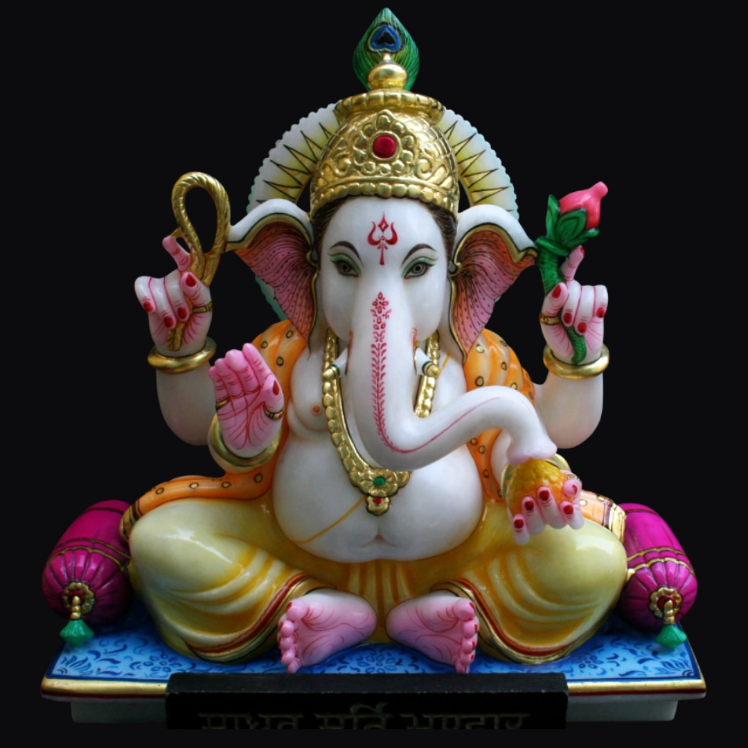 White marble Ganesh murti 18 inch chowki base