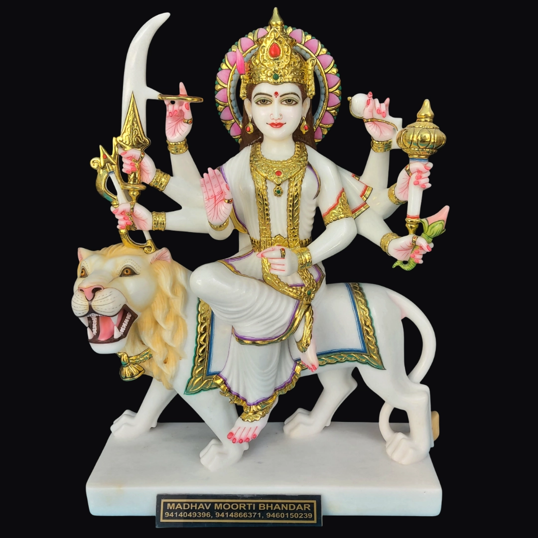 White marble Durga murti with traditional ornaments carved in Jaipur