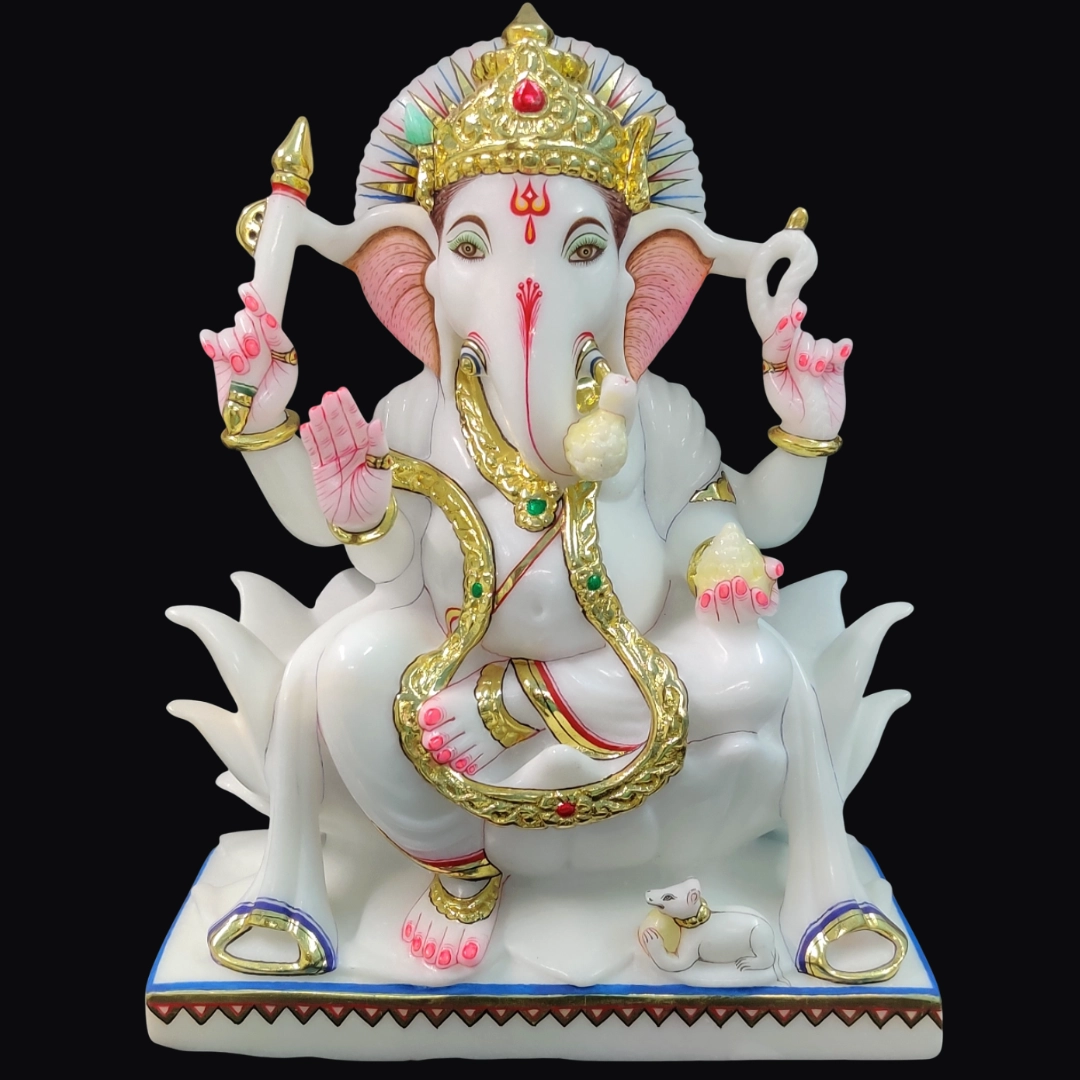 ganesha marble murti 12 inch sitting on lotus with traditional detailing