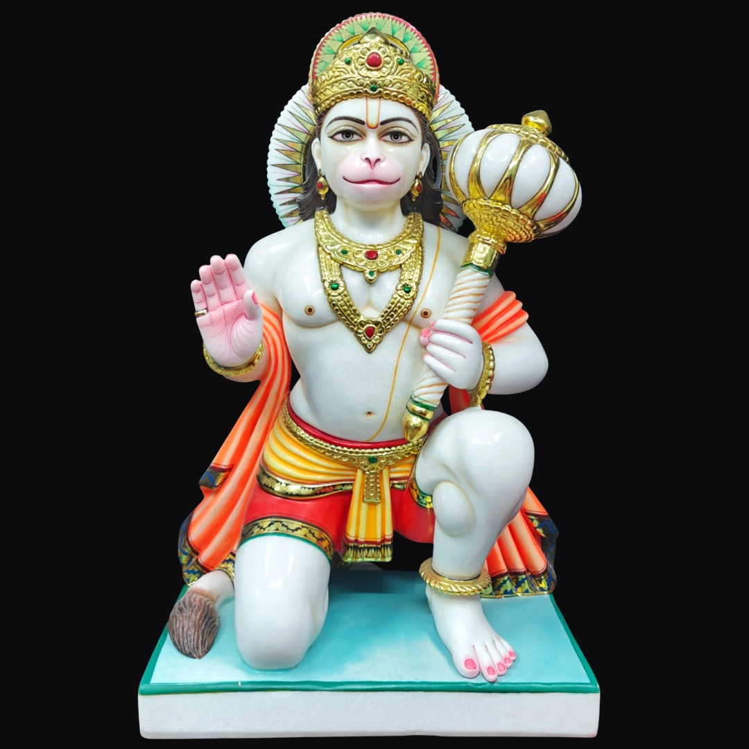 Hanuman marble murti carved from white marble with traditional ornaments in Jaipur