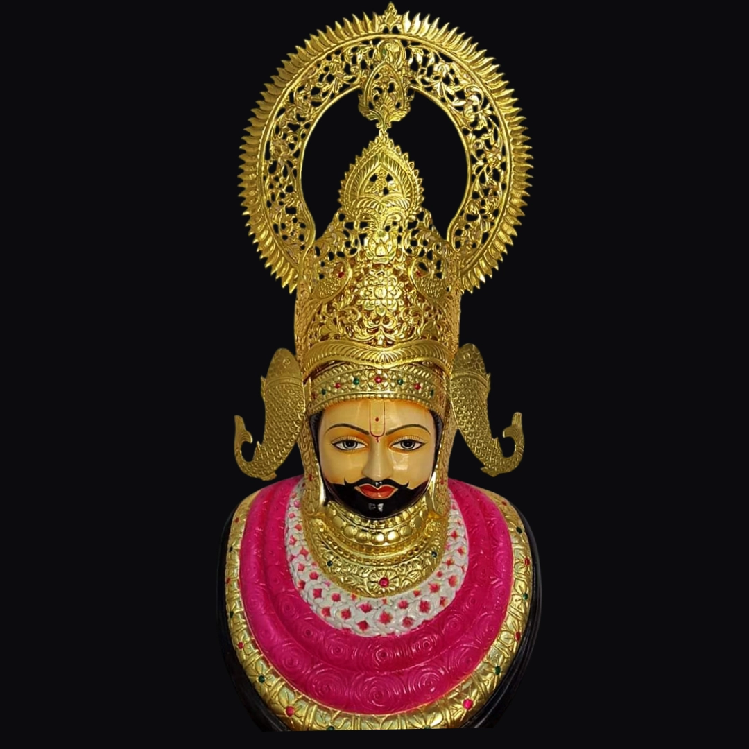 White marble Khatu Shyam murti with traditional ornaments carved in Jaipur