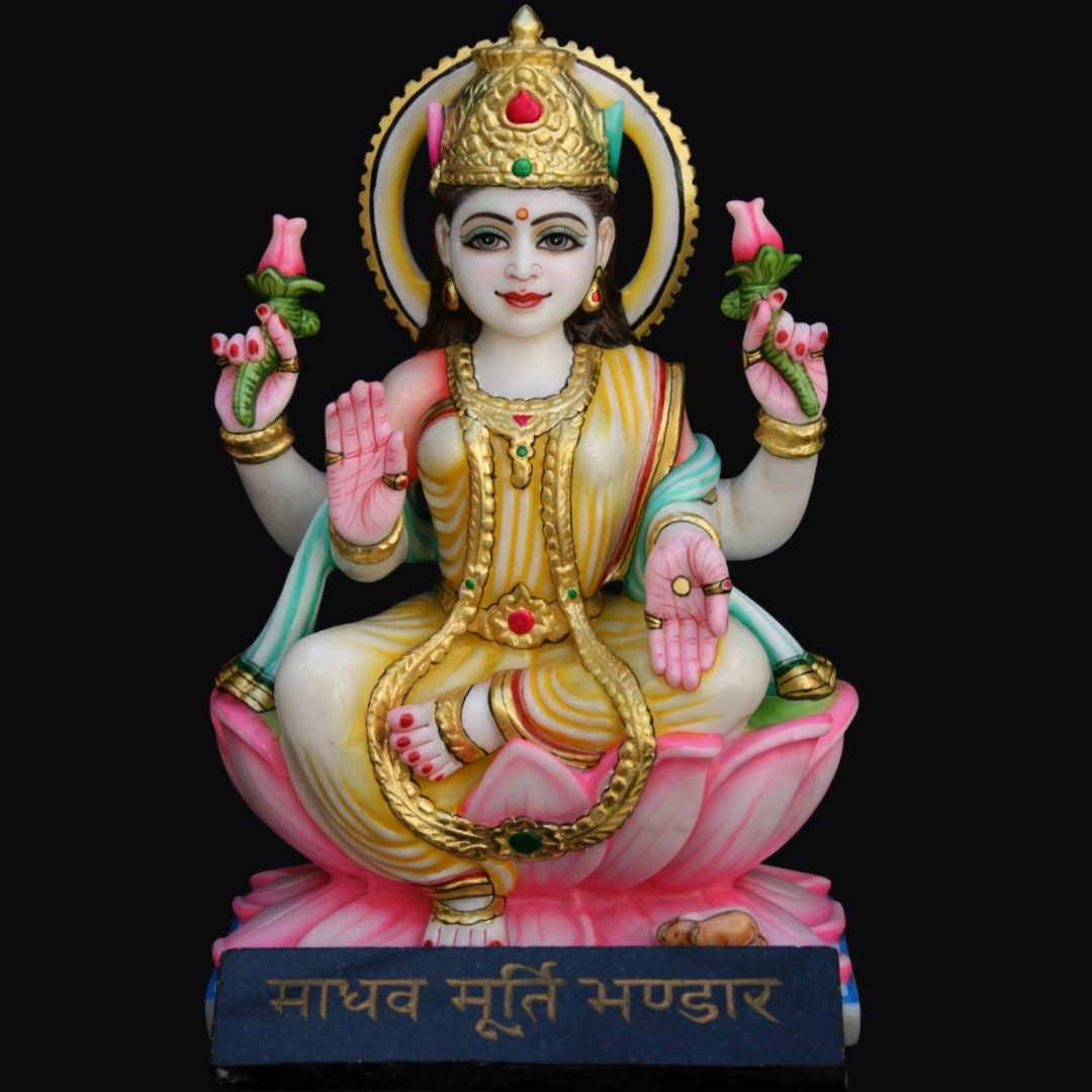 White marble Lakshmi murti with traditional ornaments carved in Jaipur