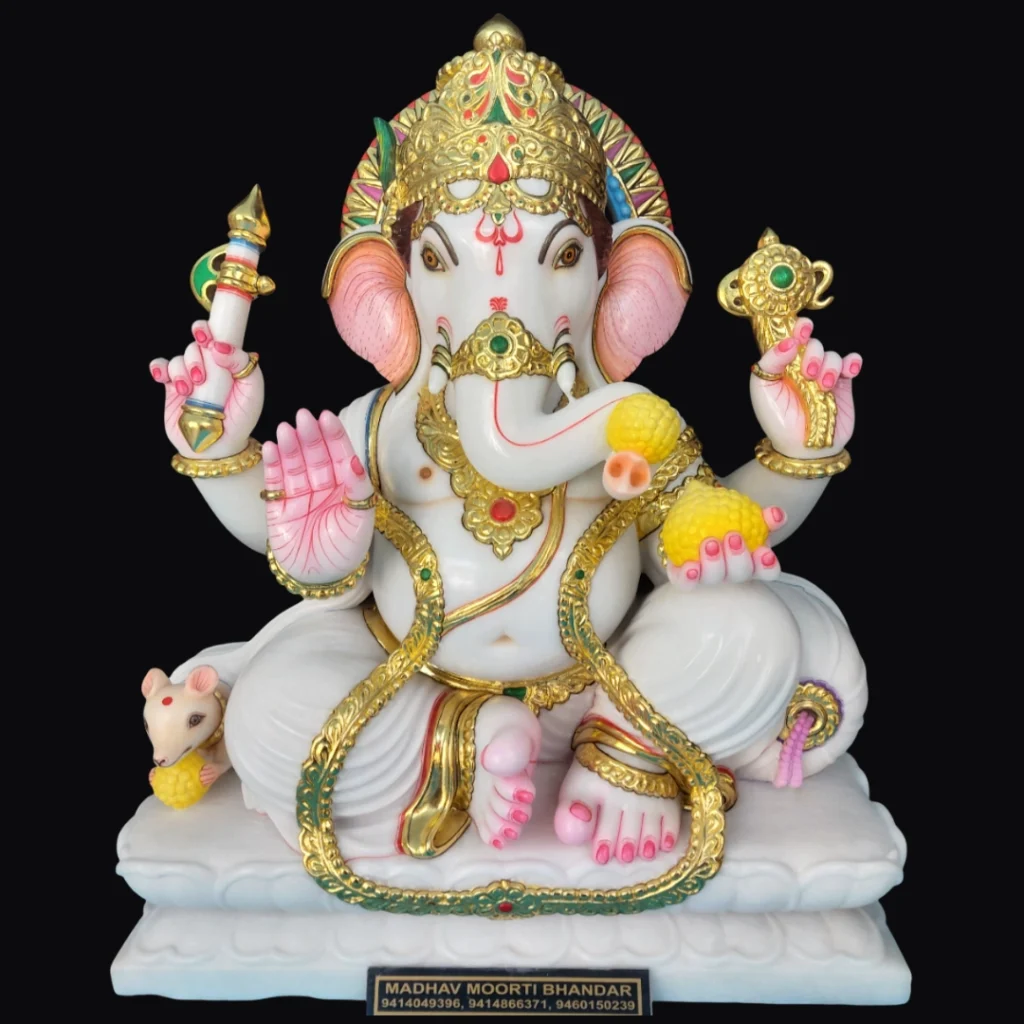 24 inch Makrana marble Ganesh murti on traditional cushion seat