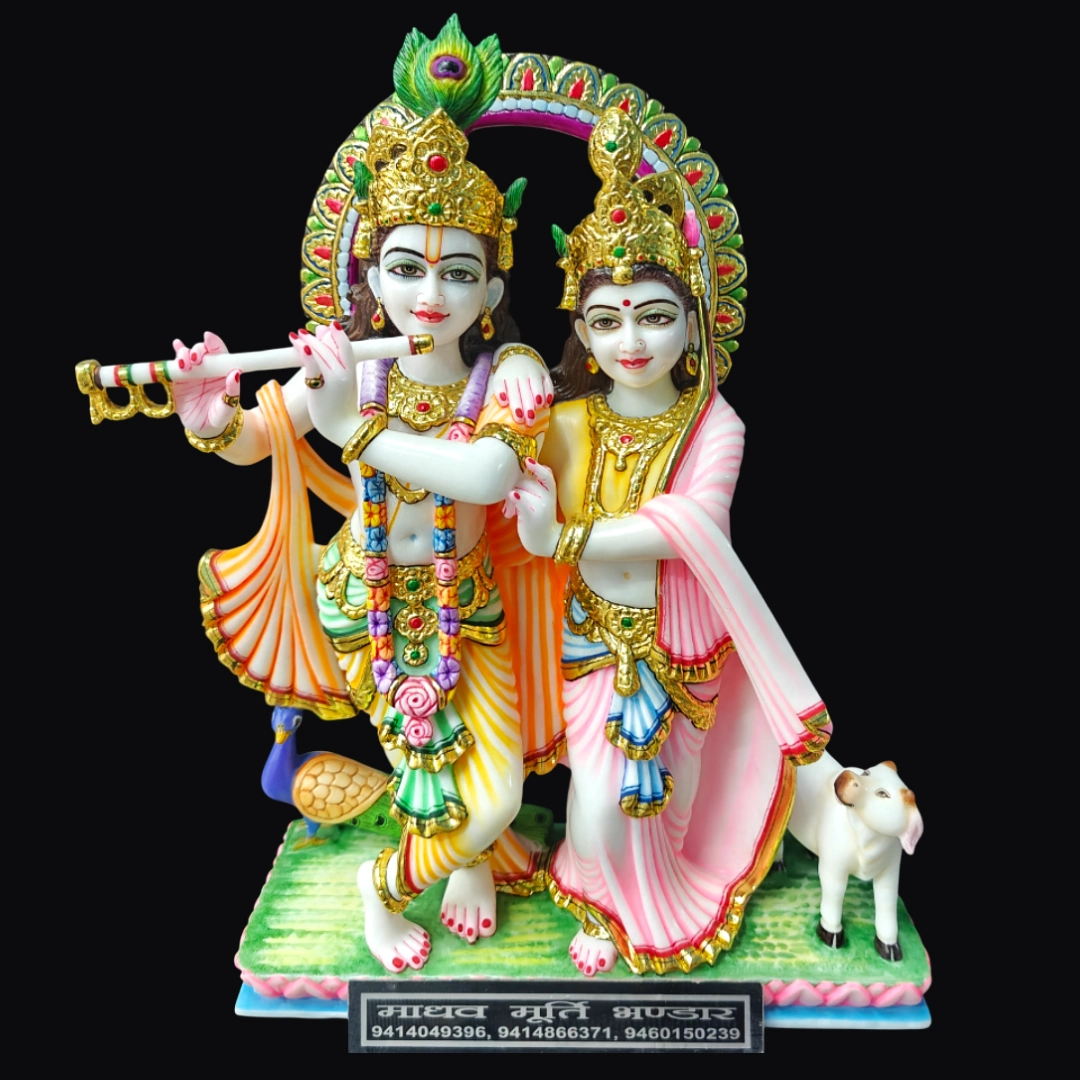 White marble Radha Krishna jugal jodi murti with flute posture carved in Jaipur
