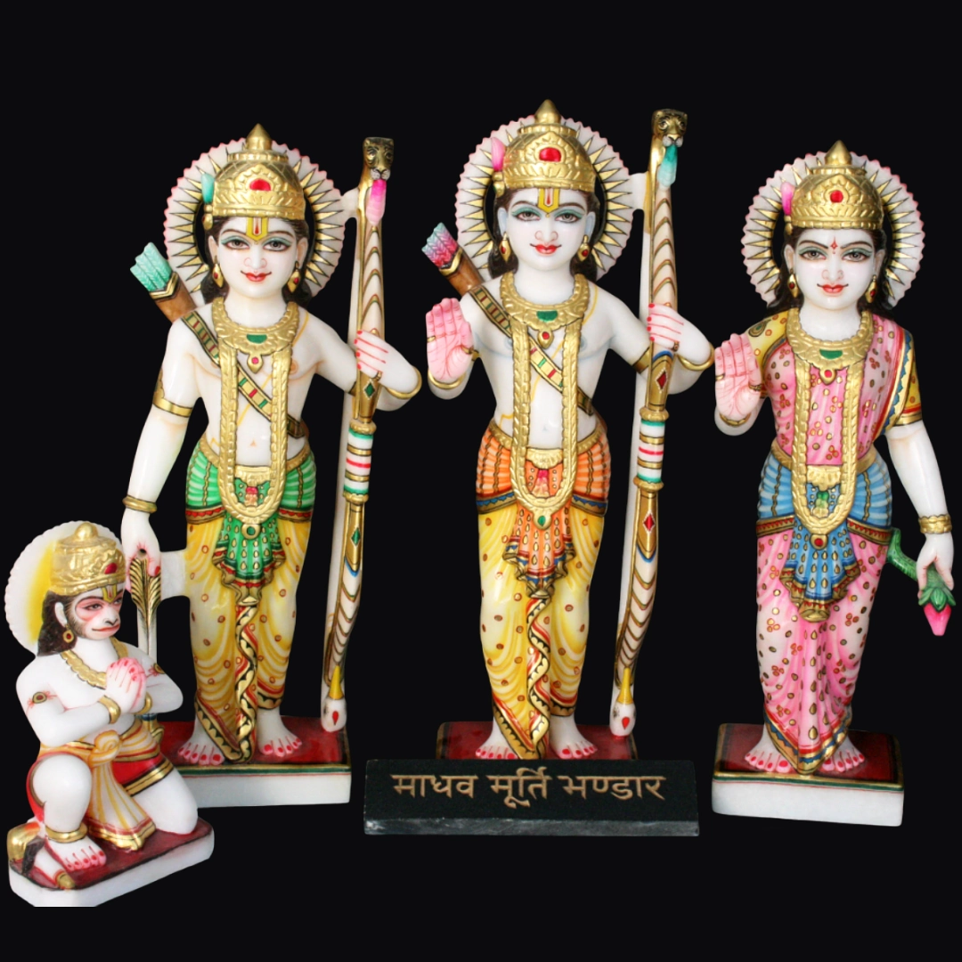 White marble ram darbar murti set with traditional ornaments carved in japur