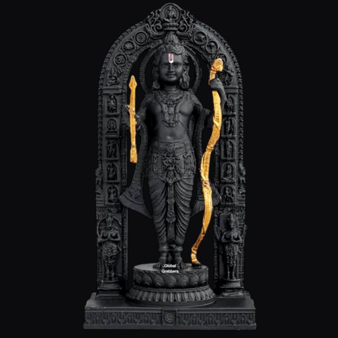 White marble Ram Lalla murti with traditional ornaments carved in Jaipur