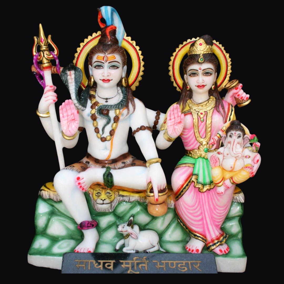 White marble Shiv Parvati murti set with traditional ornaments carved in Jaipur