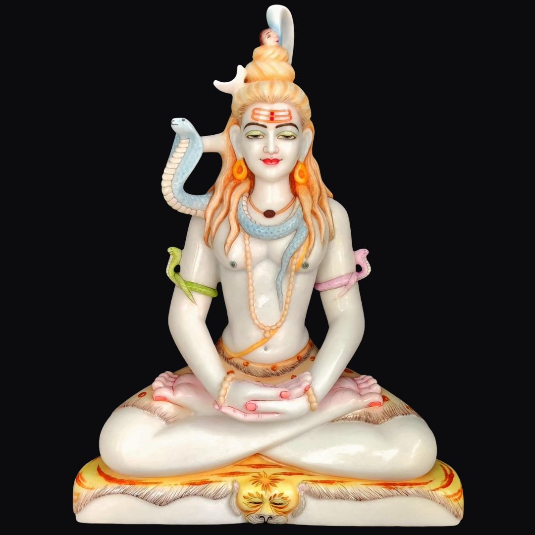 White marble Shiva murti with traditional ornaments carved in Jaipur
