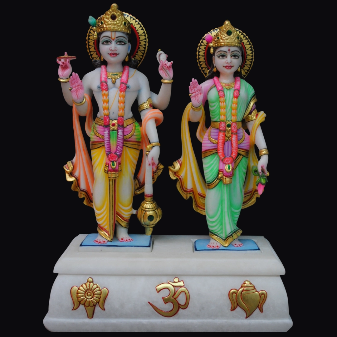 White marble Lakshmi narayan murti  with traditional ornaments carved in Jaipur